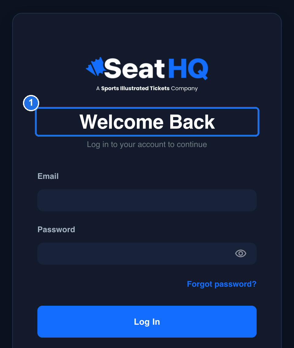 The SeatHQ login page with the Welcome Back heading marked 1, above the Email and Password fields and the Log In button