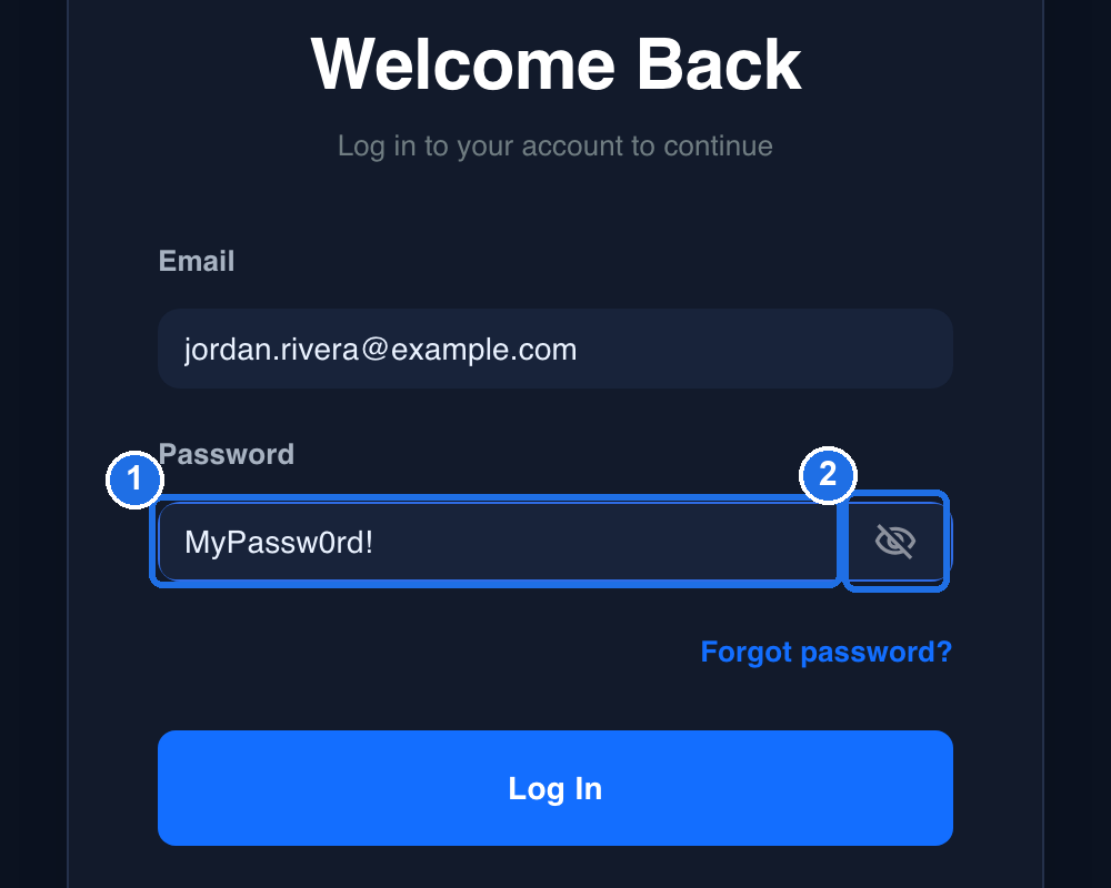 The Password field showing the typed password in plain text, marked 1, and the eye icon with a line through it, marked 2