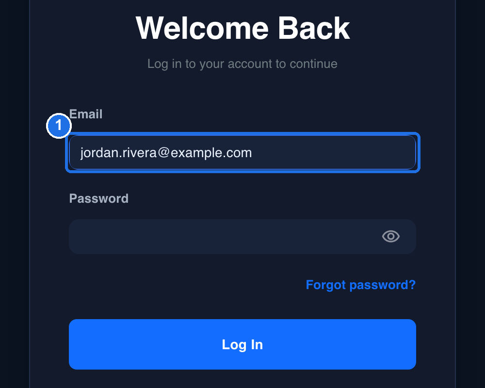 The login form with an email address typed in the Email field, marked 1