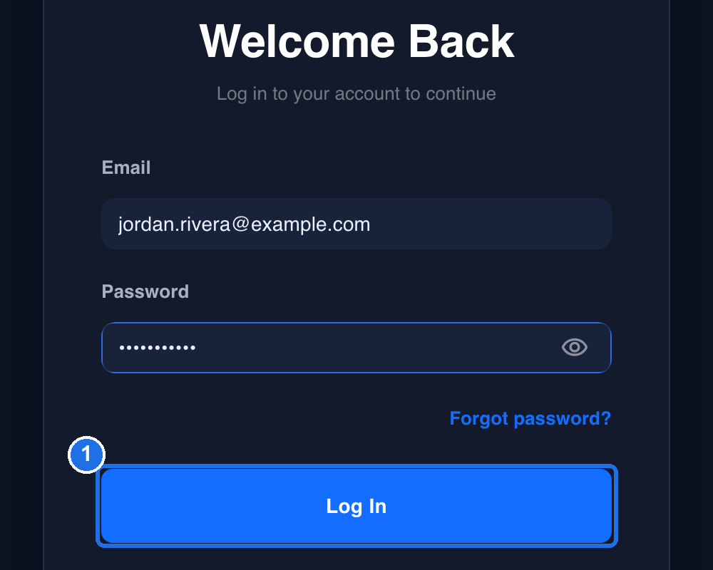 The completed login form with the password hidden and the Log In button marked 1
