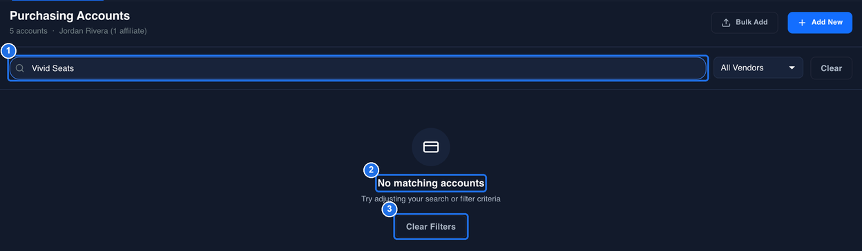 The Search accounts box with Vivid Seats typed in, marked 1, the No matching accounts message, marked 2, and the Clear Filters button, marked 3