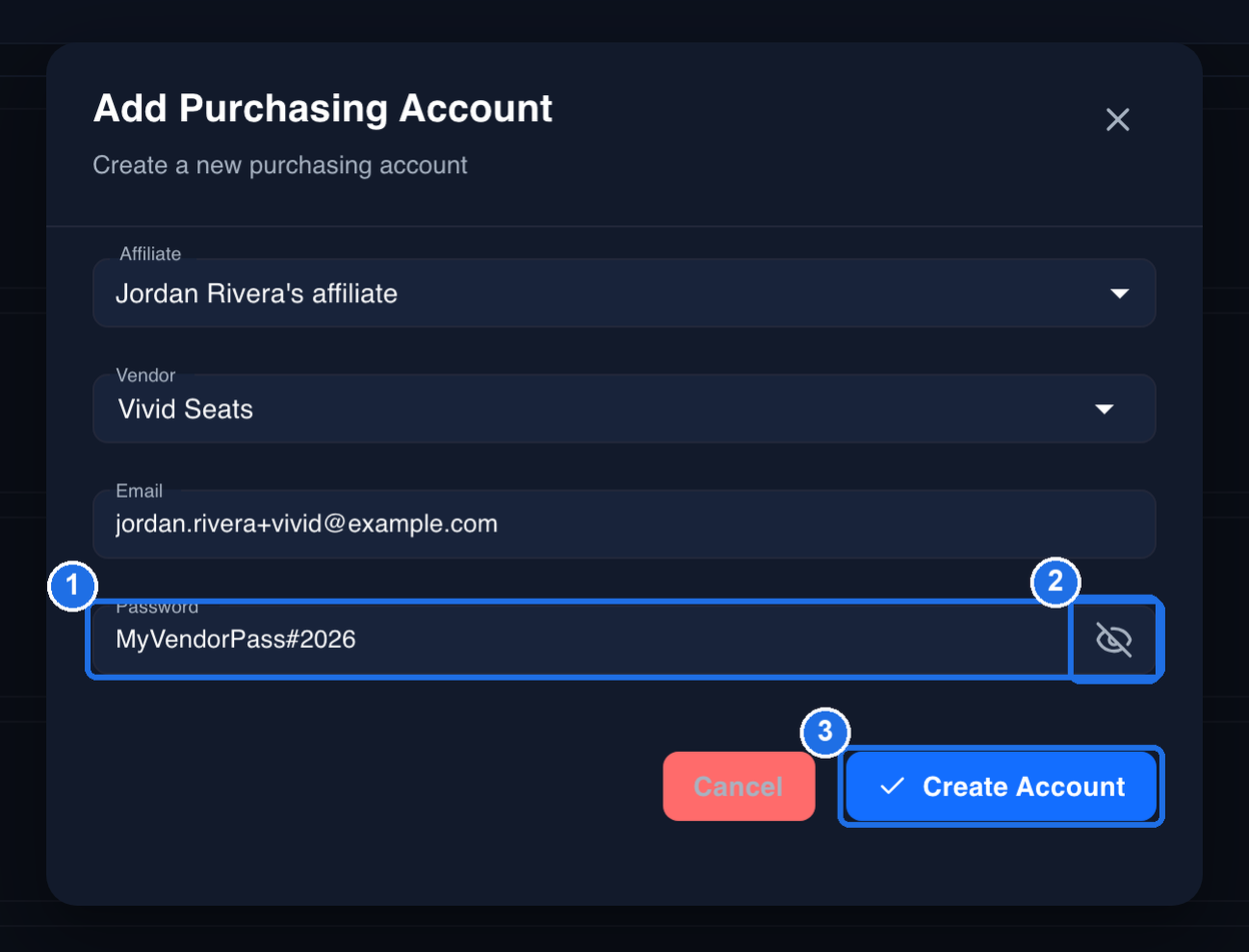 All fields filled in, with the password showing in the Password field, marked 1, the eye icon with a line through it, marked 2, and the blue Create Account button, marked 3