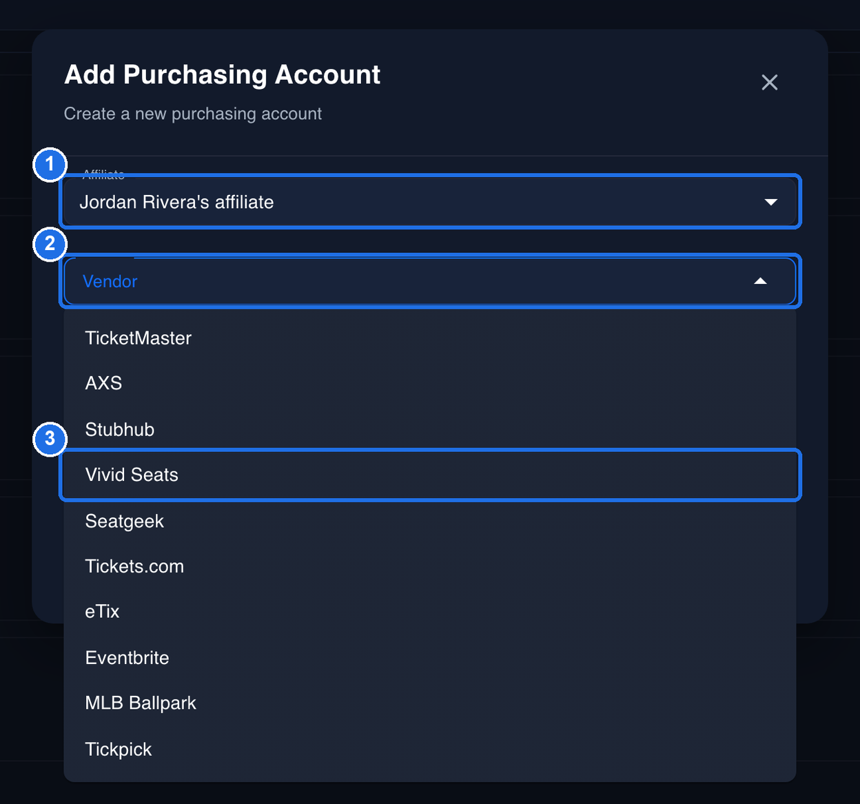 The Affiliate field filled in, marked 1, and the Vendor list open, marked 2, showing vendors such as TicketMaster, AXS, Stubhub, Seatgeek and Tickpick, with Vivid Seats marked 3