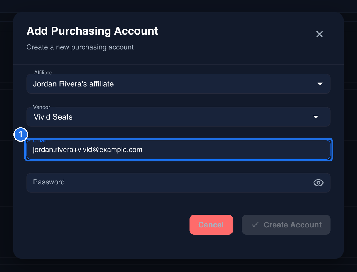 The window with Vivid Seats chosen as the vendor and an email address typed in the Email field, marked 1