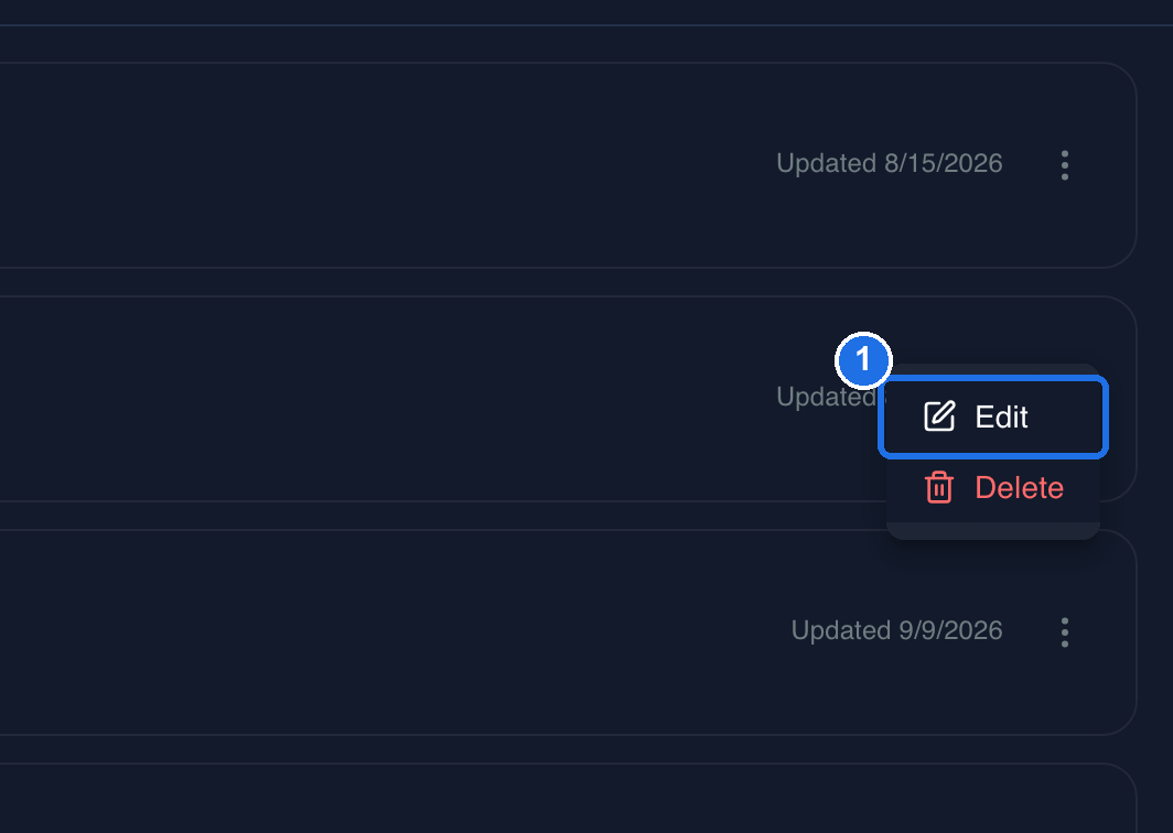 The open three-dot menu on the account card, with Edit marked 1 above Delete in red