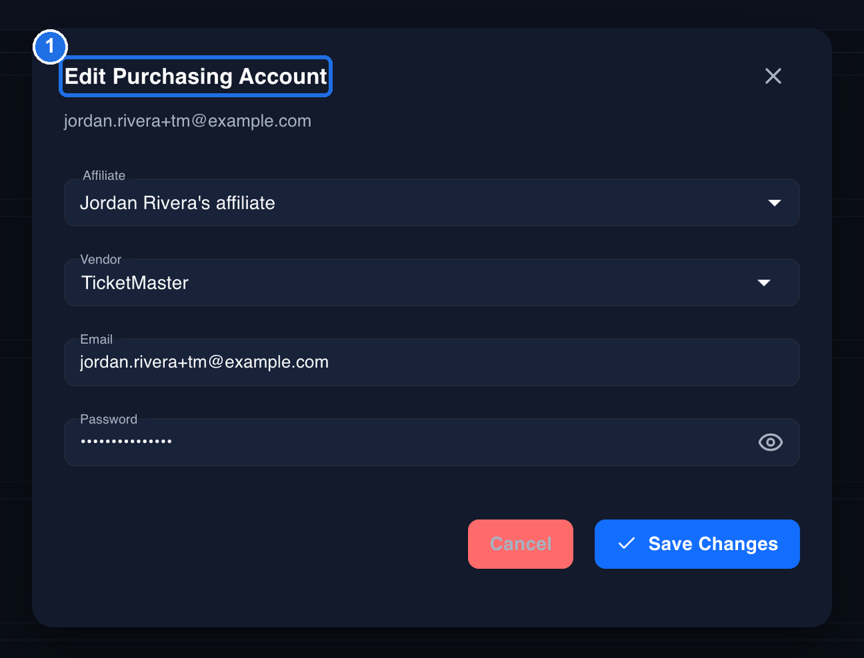 The Edit Purchasing Account window, its title marked 1, with the saved Affiliate, the vendor TicketMaster, the email and the hidden password filled in