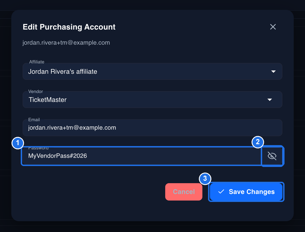 The Edit Purchasing Account window with a new password showing in the Password field, marked 1, the eye icon with a line through it, marked 2, and the Save Changes button, marked 3