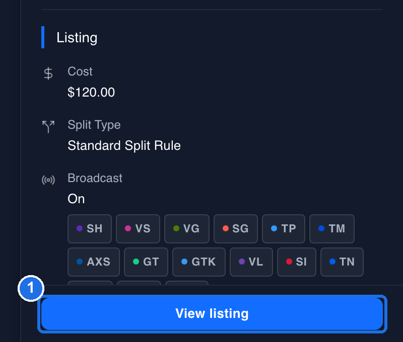 The bottom of the details panel, below the Listing section, with the View listing button marked 1