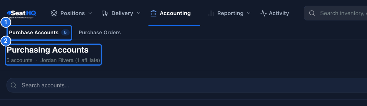 The Purchase Accounts tab with the number 5, marked 1, and the Purchasing Accounts header with the line 5 accounts and the number of affiliates, marked 2