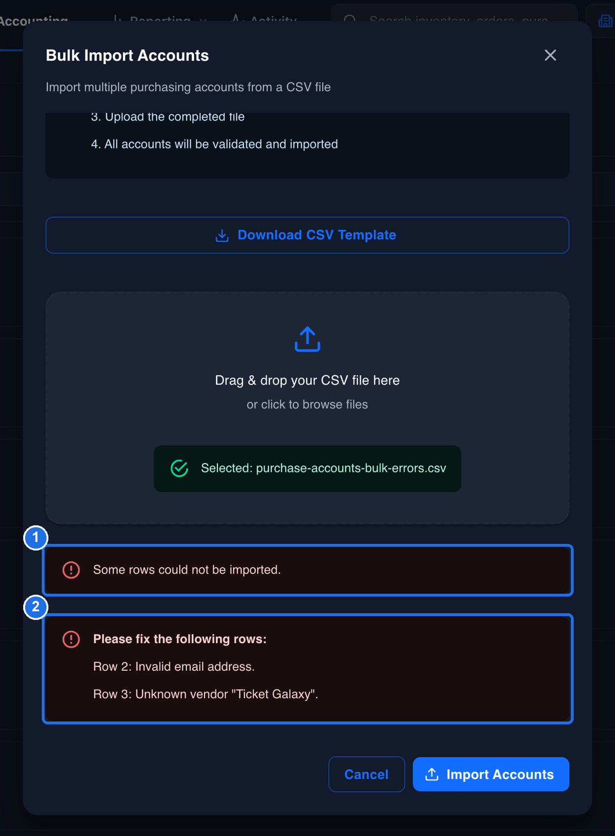 An example of the Bulk Import Accounts window after an import with problems: an error message, marked 1, and the list Please fix the following rows, marked 2, with a row number and a reason on each line