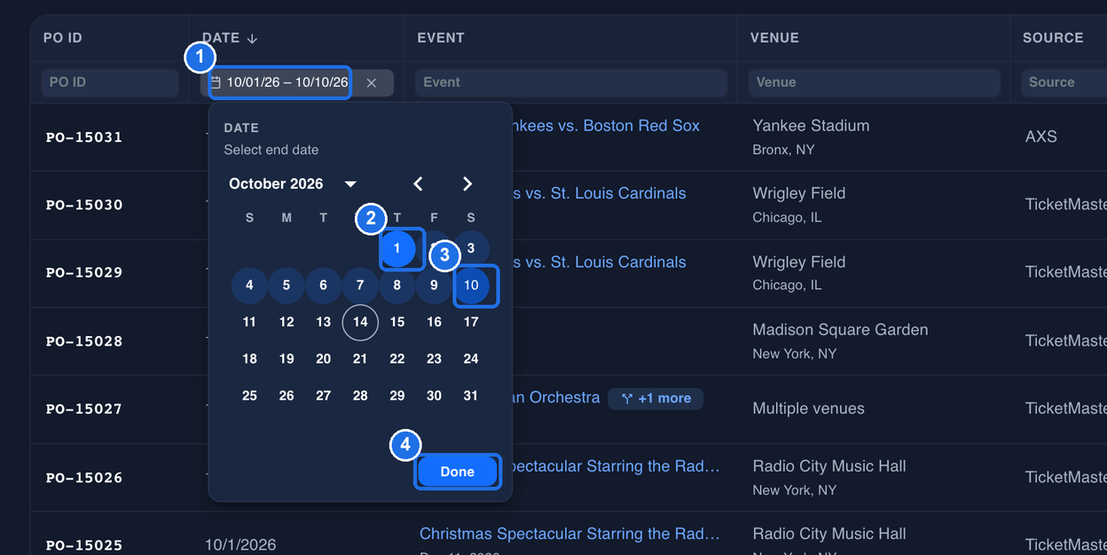 The Date filter box with its calendar icon, showing 10/01/26 – 10/10/26, marked 1, and the October 2026 calendar with October 1 marked 2, October 10 marked 3 and the Done button marked 4
