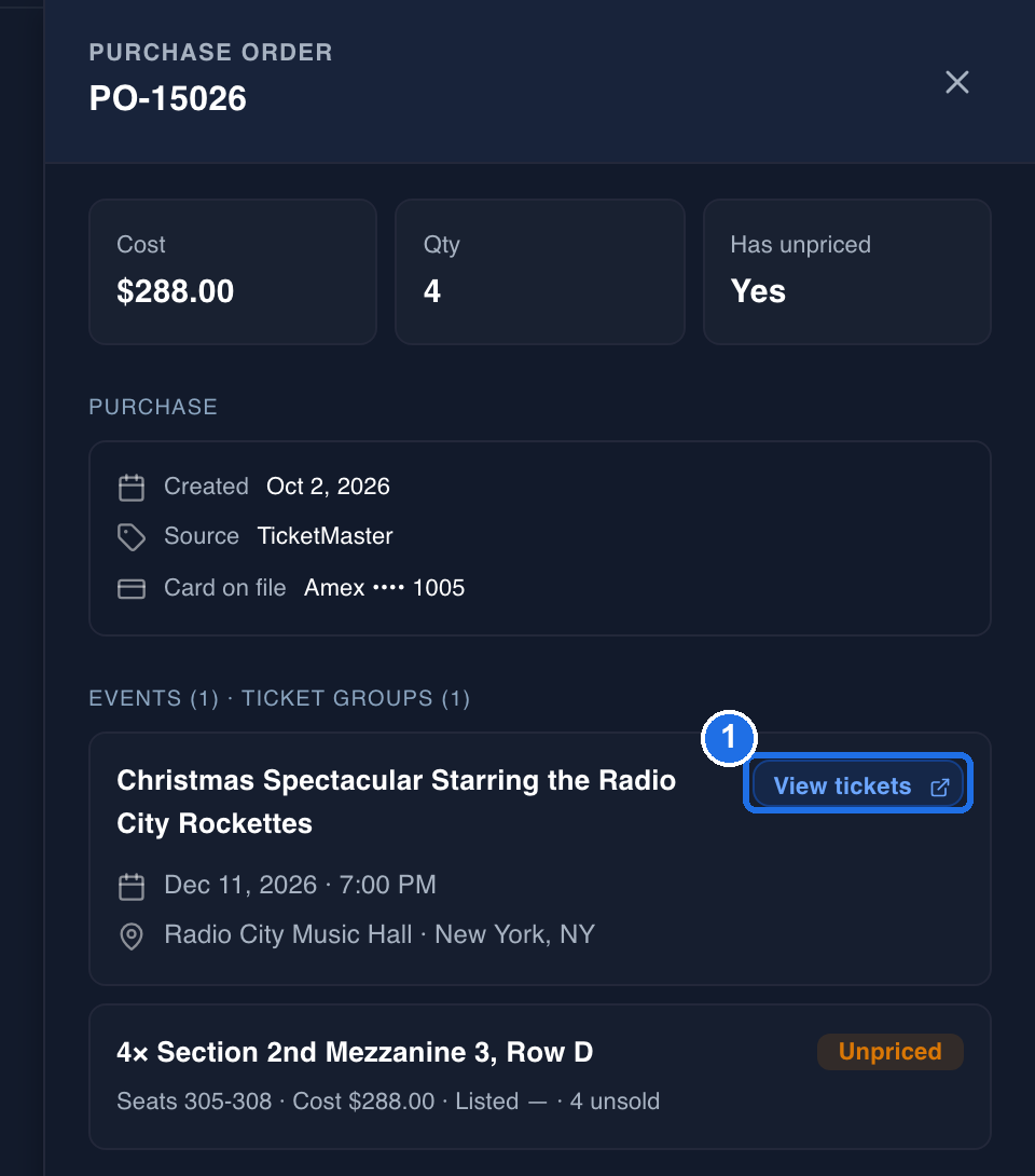 The purchase order panel with the View tickets button on the event card marked 1