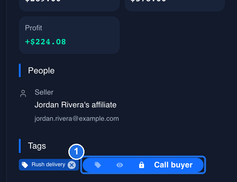 The tag editor in the Tags section, marked 1, with the tag, eye and lock icons, the lock selected, and Call buyer typed as the name