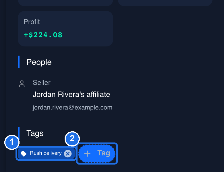 The Tags section of an order's panel with the Rush delivery tag marked 1 and the + Tag button marked 2
