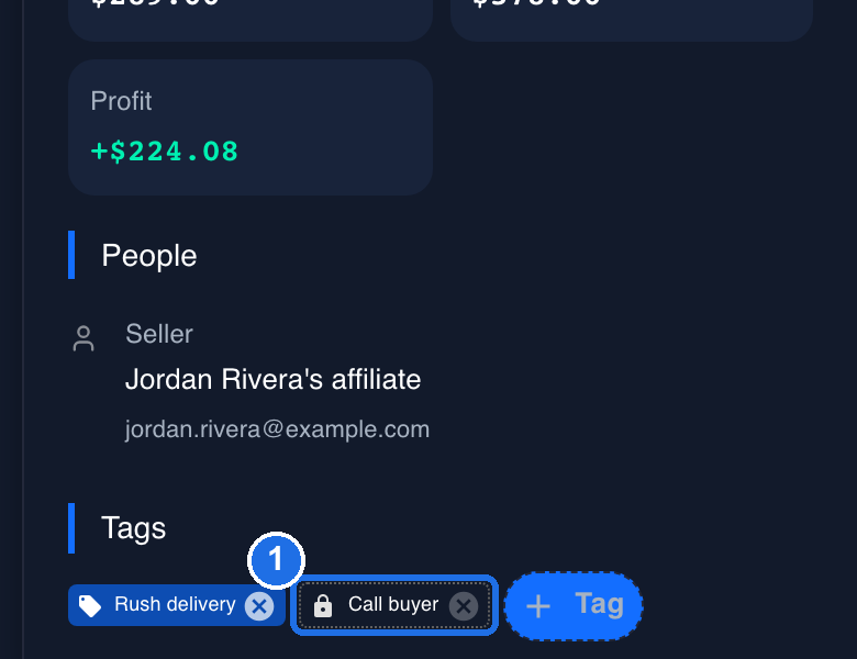 The new Call buyer tag with a lock icon, marked 1, next to Rush delivery and the + Tag button