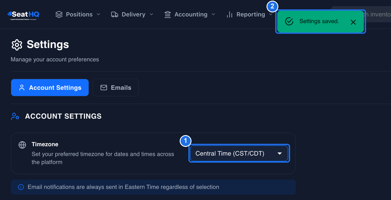 The timezone box now showing Central Time (CST/CDT), marked 1, and the green Settings saved. message at the top of the page, marked 2