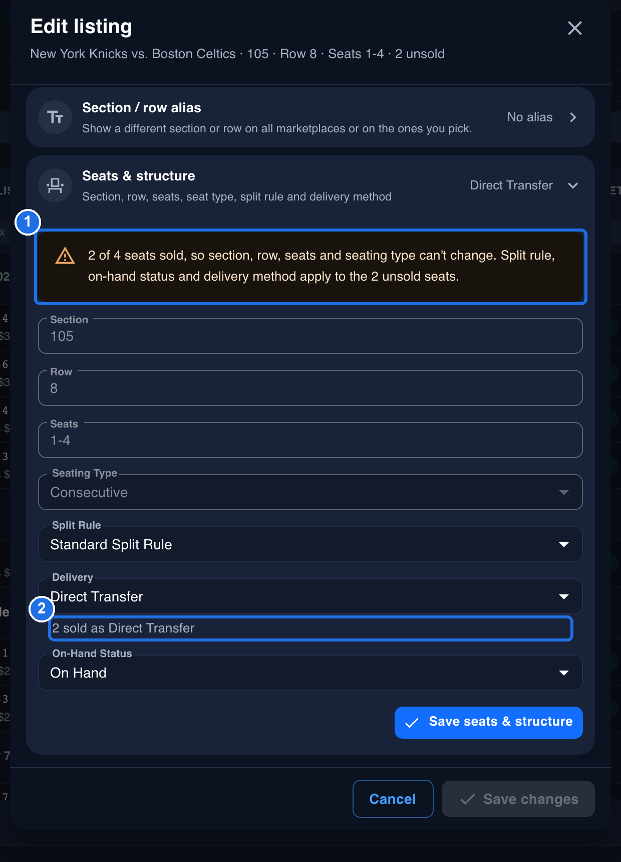 Edit listing for New York Knicks vs. Boston Celtics · 105 · Row 8 · Seats 1-4 · 2 unsold with Seats & structure open. The warning 2 of 4 seats sold, so section, row, seats and seating type can't change. Split rule, on-hand status and delivery method apply to the 2 unsold seats. is marked 1, and the line 2 sold as Direct Transfer under Delivery is marked 2