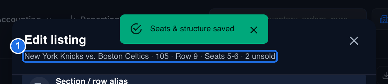 The Seats & structure saved message at the top, and the line under Edit listing marked 1, now reading New York Knicks vs. Boston Celtics · 105 · Row 9 · Seats 5-6 · 2 unsold
