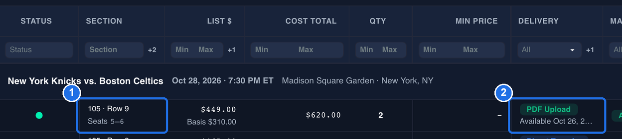 The Inventory grid under the New York Knicks vs. Boston Celtics event, with the SECTION cell of the listing now reading 105 · Row 9, Seats 5–6 marked 1, and its DELIVERY cell showing PDF Upload above Available Oct 26, 2026 (cut off at the edge of the column) marked 2