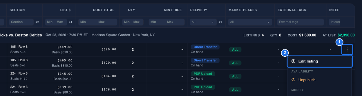 The Inventory grid under the New York Knicks vs. Boston Celtics event, with the three-dot menu at the right end of the 105 · Row 8, Seats 5–6 listing marked 1 and Edit listing at the top of the open menu marked 2