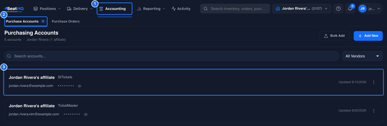 The Purchasing Accounts page with Accounting marked 1, the Purchase Accounts tab marked 2 and the SITickets account marked 3, above the TicketMaster account