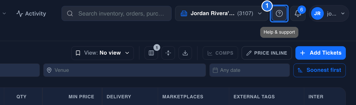 The question mark icon marked 1, with its Help & support tooltip showing