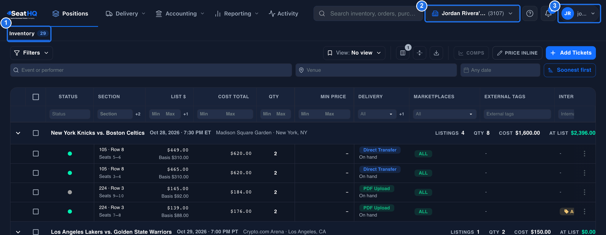 The Inventory page after logging in, with the Inventory tab marked 1, the affiliate button with the affiliate name and ID marked 2 and the initials and email button marked 3