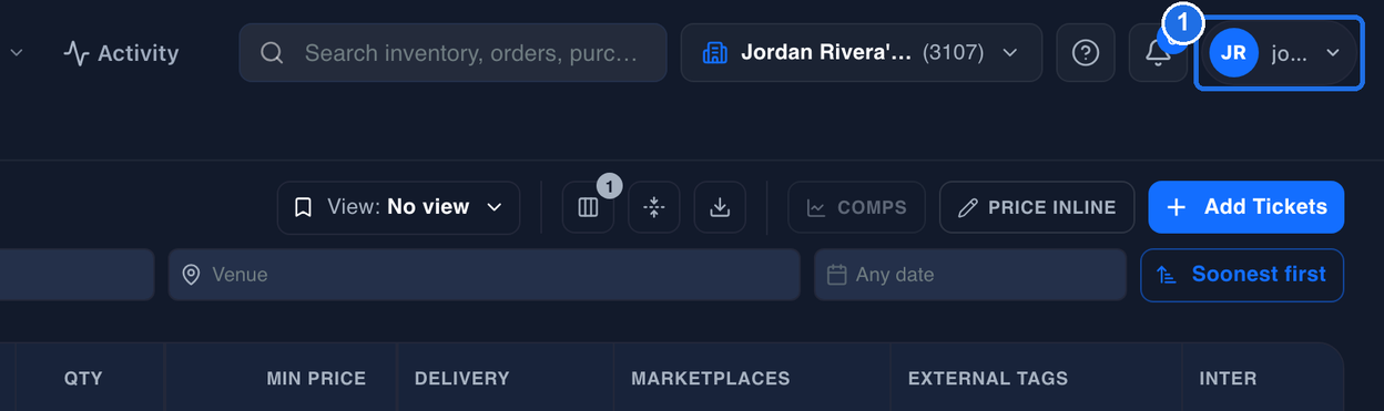 The top of the page with the initials and email button marked 1