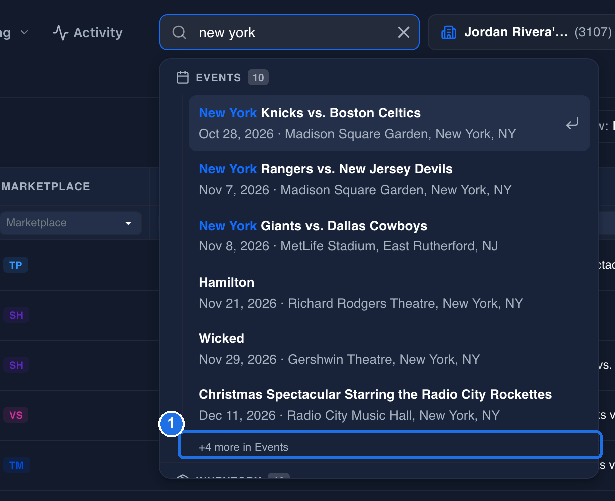 Search results for new york, with six events in the EVENTS 10 group and the line +4 more in Events marked 1