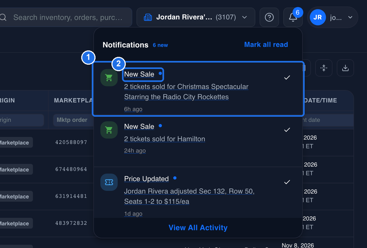 The first notification, a New Sale for 2 tickets, marked 1, with its title and blue dot marked 2