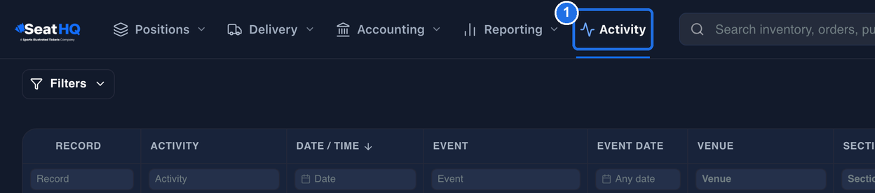 The Activity page, with Activity in the top menu marked 1 and underlined in blue