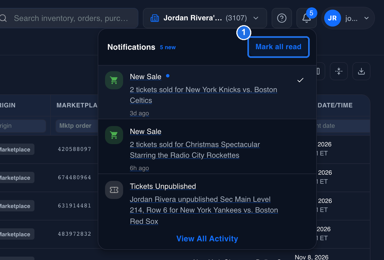 The Notifications panel with Mark all read marked 1