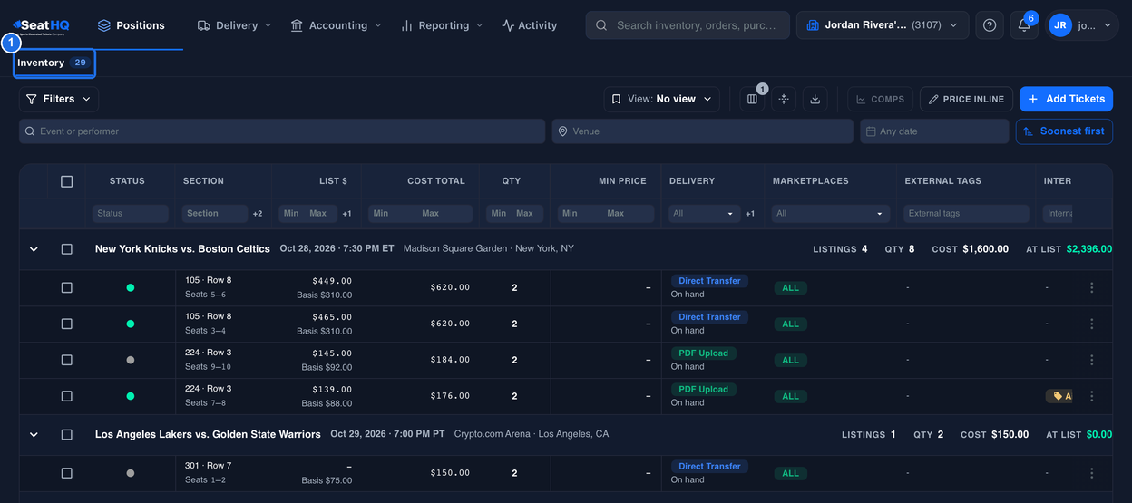 The Inventory page after logging in, with the Inventory tab marked 1 and each event's row, showing its date, venue and totals, above its listings