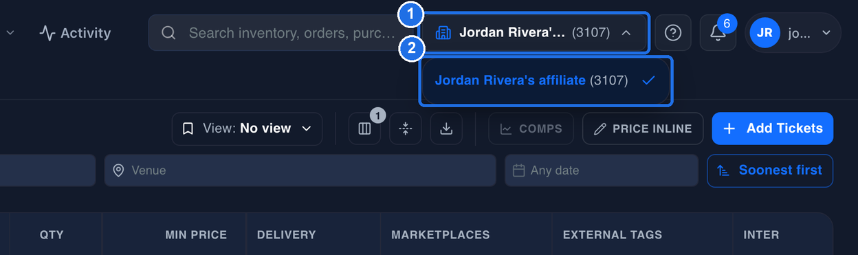 The affiliate button with the building icon marked 1, and its open list showing the current affiliate's name, its ID in grey and a check mark, marked 2
