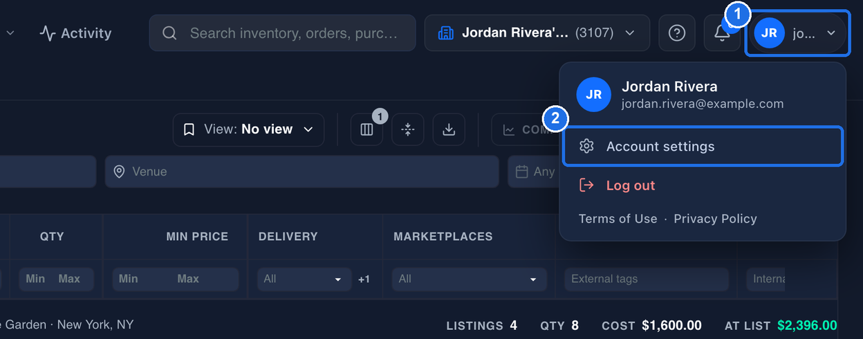 The account menu open from the initials and email button, marked 1, with Account settings marked 2