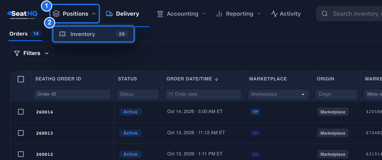 The Positions menu open over the Orders page, with Positions marked 1 and the Inventory item, showing the count 29, marked 2