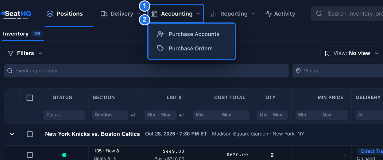 The Accounting menu open, with Accounting marked 1 and its menu, listing Purchase Accounts and Purchase Orders, marked 2