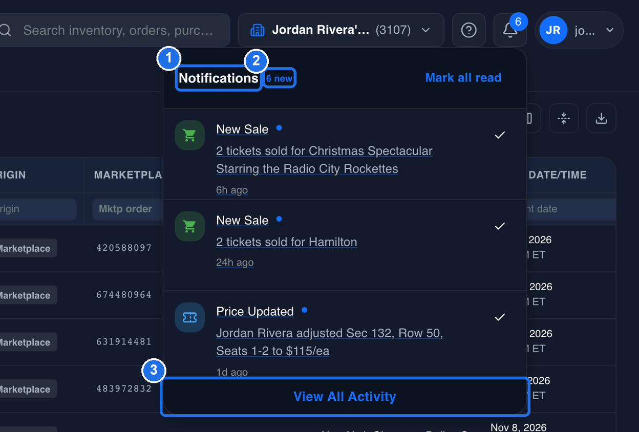 The Notifications panel, with the Notifications title marked 1, 6 new marked 2 and View All Activity at the bottom marked 3