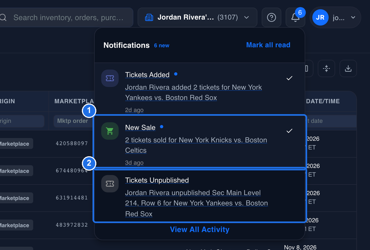 The notification list scrolled down, with the last unread notification, a New Sale with a blue dot, marked 1, and a read Tickets Unpublished notification with no blue dot, marked 2