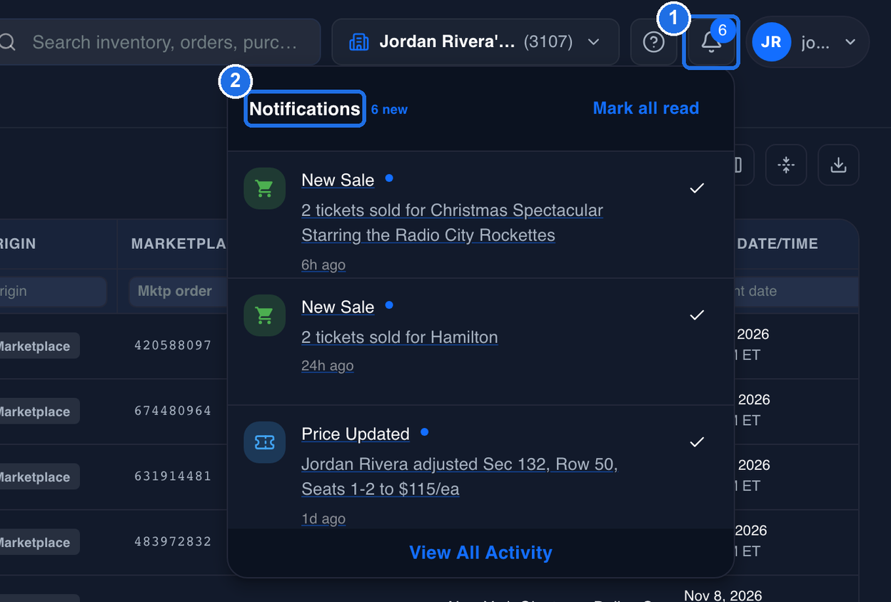 The bell showing 6, marked 1, and the open Notifications panel with its title marked 2
