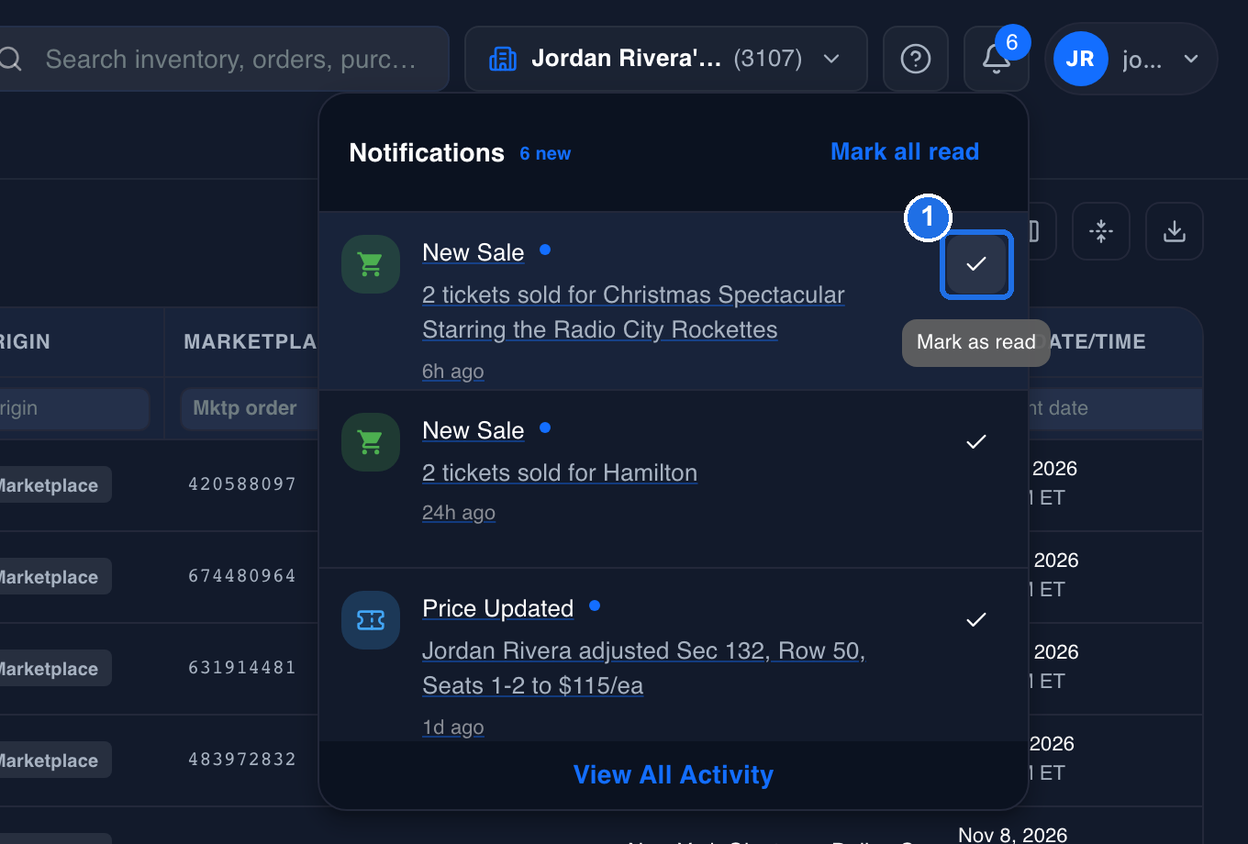 The check mark on the first notification marked 1, with its Mark as read label showing