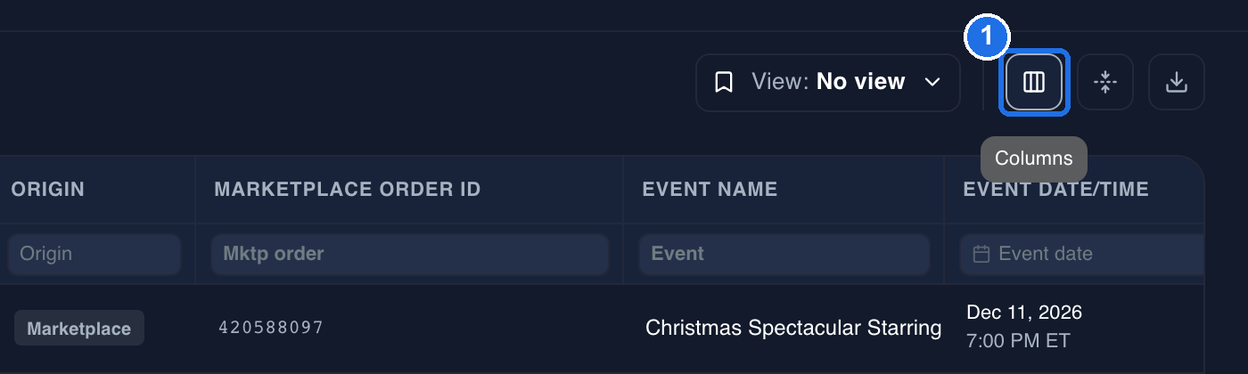The toolbar at the top right of the Orders table, with the Columns icon marked 1 and its Columns label showing, between View: No view and the Density and Export icons