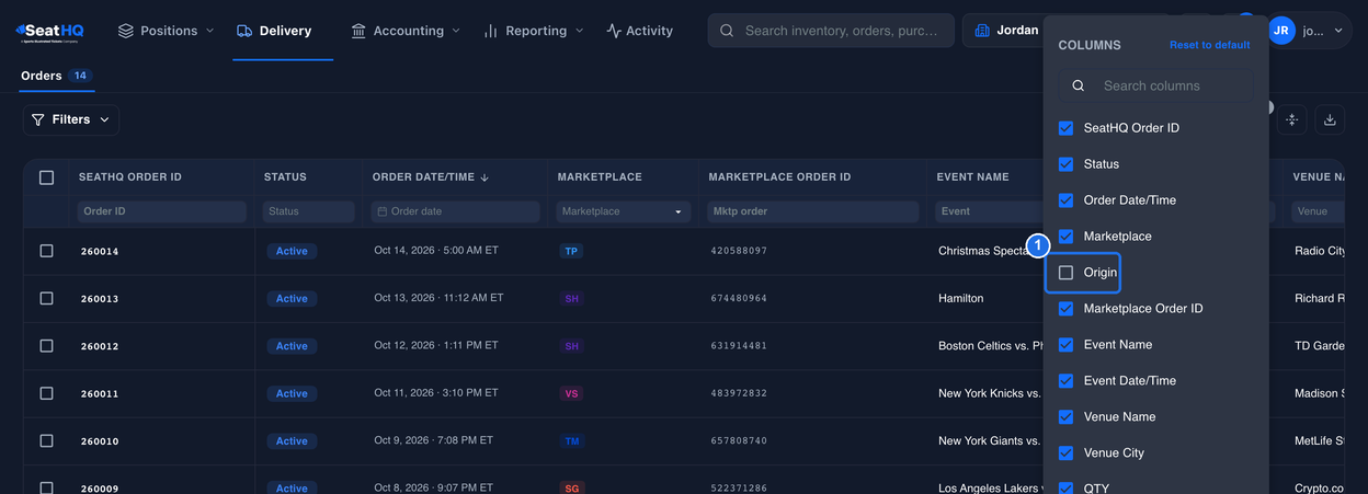 The COLUMNS list open at the top right of the Orders page, with Reset to default and a Search columns box at the top, Origin unticked and marked 1, and the table showing MARKETPLACE followed by MARKETPLACE ORDER ID with no ORIGIN column