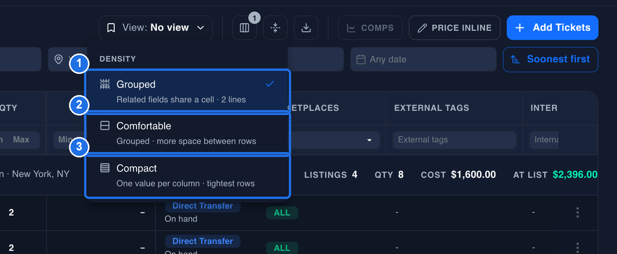 The DENSITY menu open under the Density icon on the Inventory toolbar, with Grouped, ticked and described as Related fields share a cell, 2 lines, marked 1, Comfortable marked 2 and Compact marked 3