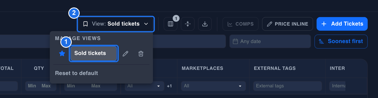The MANAGE VIEWS list with the view renamed to Sold tickets, marked 1, and its star still filled, under the button now reading View: Sold tickets, marked 2