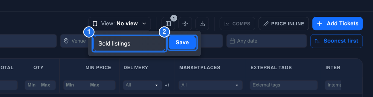 The name box under the View: No view button with Sold listings typed in, marked 1, and the Save button marked 2