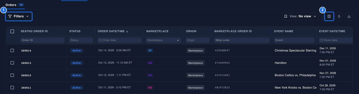 The Orders page with the Filters button marked 1 at the top left and the Columns icon marked 2 at the top right, next to View: No view