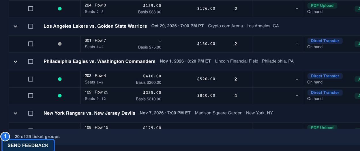 The bottom left of the Inventory page, with the SEND FEEDBACK tab marked 1 just below the 20 of 29 ticket groups count in the grid's footer