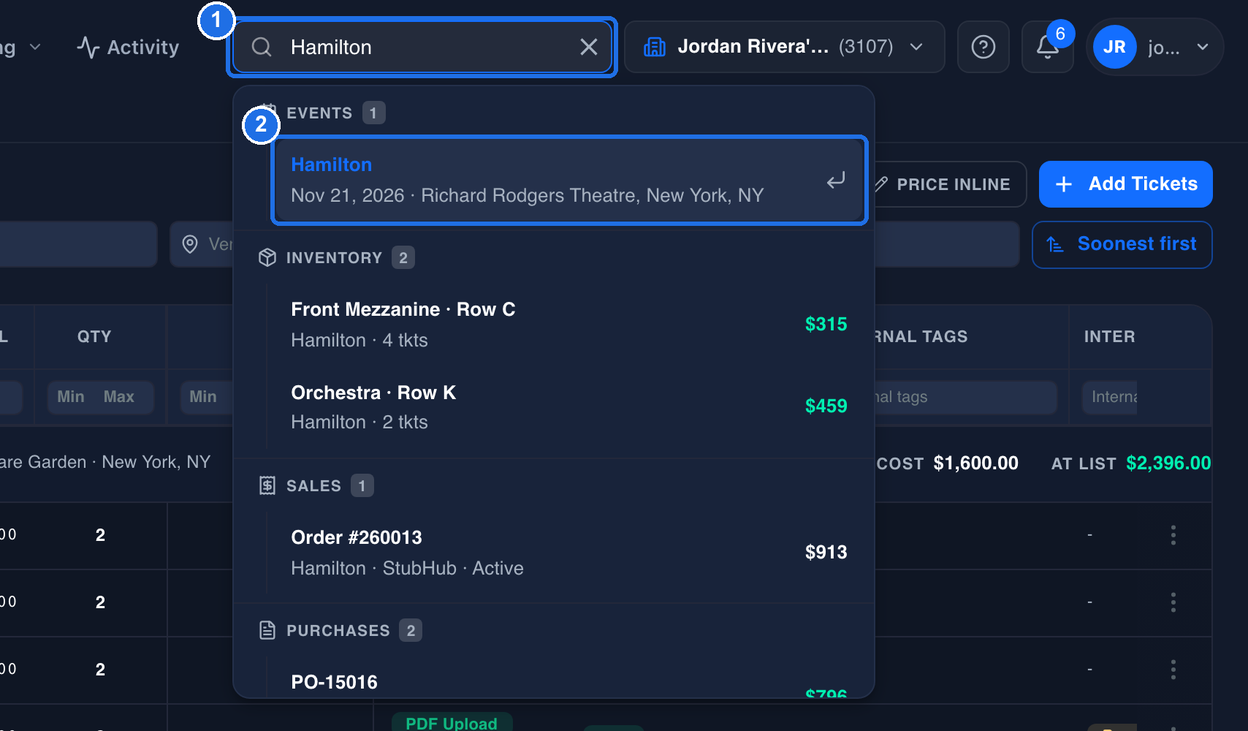 The search bar with Hamilton typed in, marked 1, and the results grouped under EVENTS, INVENTORY, SALES and PURCHASES, with the Hamilton event result marked 2