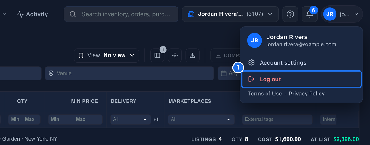 The open account menu with Account settings and Log out, and Terms of Use · Privacy Policy on one line at the bottom, with Log out in red marked 1